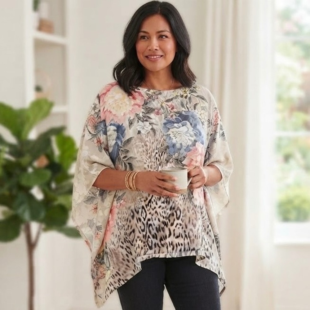 Chicos Floral Leopard Print Poncho Top Kimono Kaftan L/XL Multicolor Boat Neck